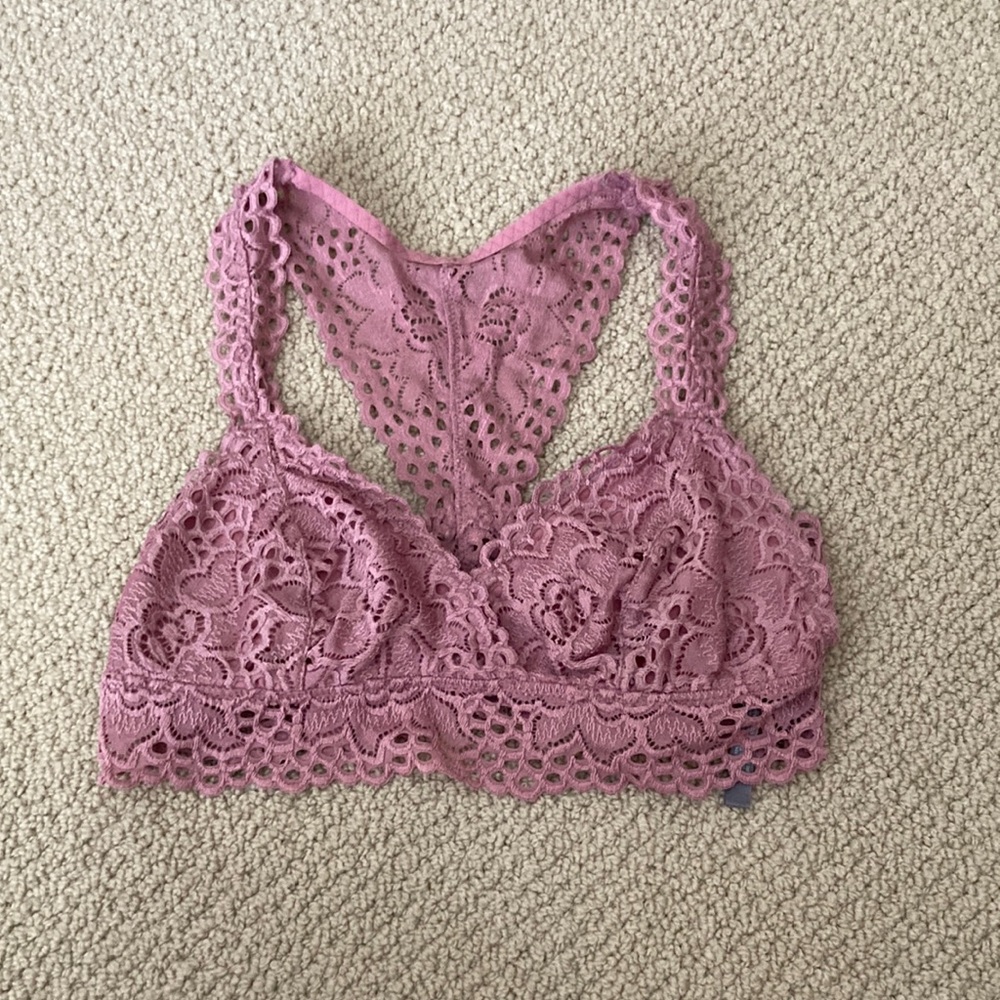 Aerie Pink Bralette Size Small Lacy Light Support Unpadded Racerback Pink S EUC